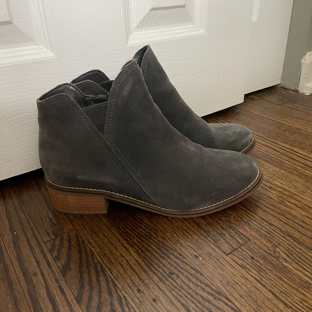 Gray faux suade booties, size 8.5